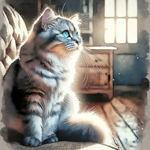 Gray and White Cat in Sunlight | Watercolor Painting Aesthetic