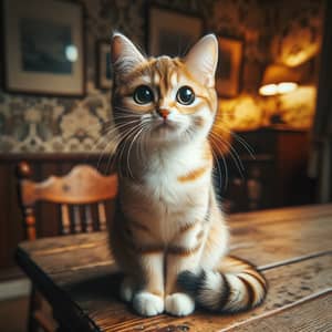 Lively Honey and White Striped Cat on Wooden Table