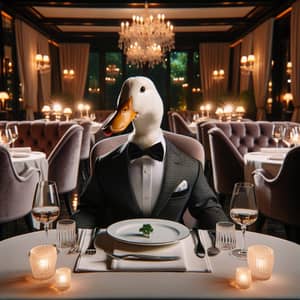 Elegant White Duck in a Black Suit at Fine Dining