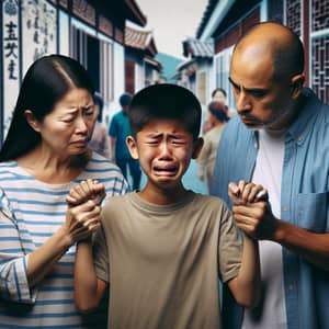 Emotionally Distraught Young Boy with Supportive Parents at Home