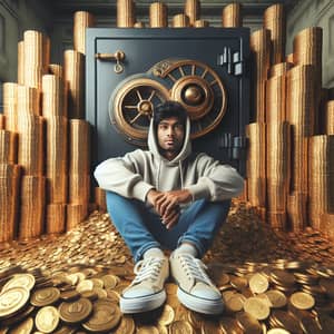 South Asian Man Amid Golden Coins | Vintage Safe Fantasy