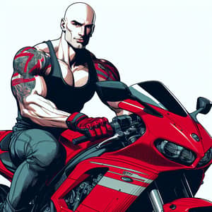 Riding on Red Sports Motorcycle | Bald Rider, 1.8m Tall