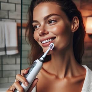 Caucasian Woman Using Philips Electric Toothbrush in Bathroom