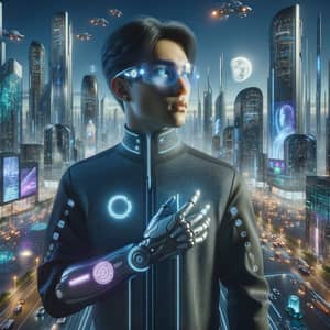 Futuristic South Asian Non-Binary Person in High-Tech Cityscape