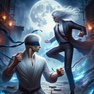 Mystical Combat Scene: Silver-Haired Figure vs. Commanding Male