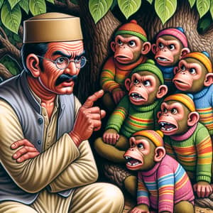 South Asian Village Man Scolding Monkeys under Tree