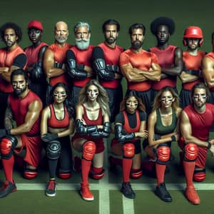 Diverse Kickball Team in Red Uniforms Ready for Action