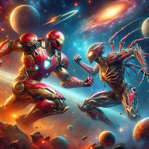 Iron Warrior vs. Webbed Mechanoid: Epic Zero-Gravity Battle in Cosmos