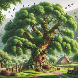 Serene Village Landscape: Ancient Tree, Fruits, Birds, Nests