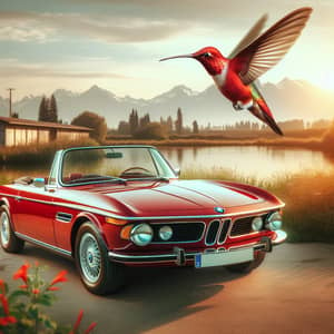 Luxurious Red BMW Convertible and Vibrant Hummingbird