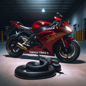 Red Yamaha R6 Motorcycle with Black Mamba Snake - Intriguing Contrast