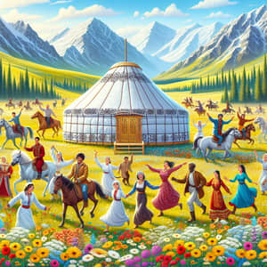 Kazakh White Yurt in Meadow of Flowers - Spring Celebration