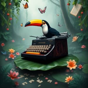 Surreal Jungle Scene: Typewriter Toucan Fusion