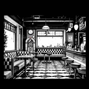 Retro Diner Interior Sketch in Black and White