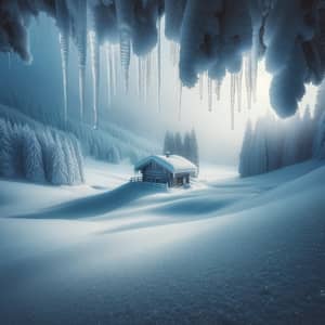 Tranquil Snow-Blanketed Landscape with Solitary Cabin