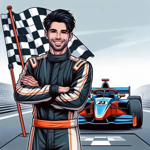 Victorious Black Hair Race Car Driver and Infamous Orange Blue Car