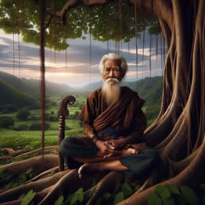 Elderly Southeast Asian Man Meditating | Wisdom Under Banyan Tree