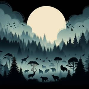 Enigmatic Foggy Forest with Animal Silhouettes