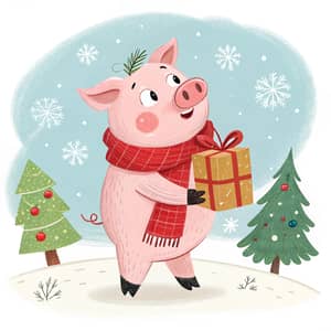 Christmas Pig Cartoon with Scarf & Present