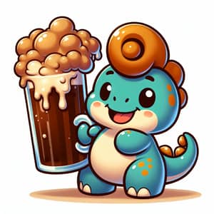 Cute Cartoon Dinosaur Rex Holding Frothy Root Beer