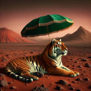 Tiger on Mars with Green Umbrella: Mesmerizing Martian Scene