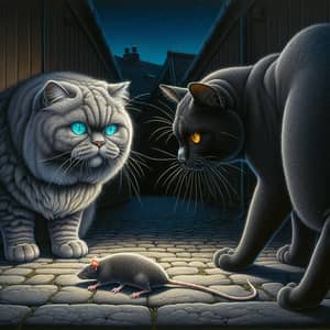 Feline Rivalry: Nighttime Showdown Between Grey British Shorthair and Black Bombay Cats