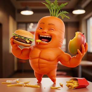 Funny Carrot Man Eating Burger and Mango