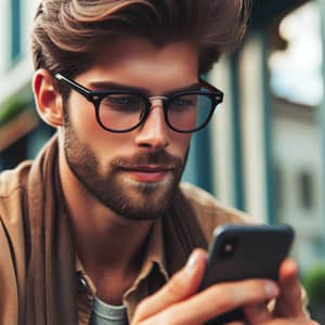 Young Man Engrossed in Reading on Smartphone