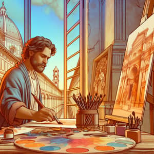 Principled Wanderlust-Filled Artist in Renaissance Art Studio