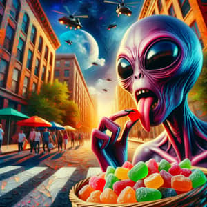 Alien Eating Candied Hawthorns on City Street | Sci-Fi Painting