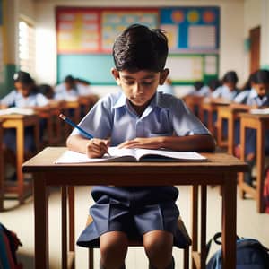 Primary School Boy Studying in Colorful Classroom