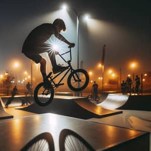 BMX Bike Tricks at Skate Park - Nighttime Street Lamps