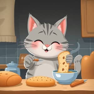 Cute Cartoon Tabby Grey Cat Baking Bread