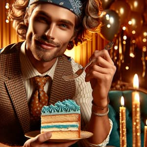 Dapper Man Enjoying Three-Layered Vanilla Cake with Blue Frosting