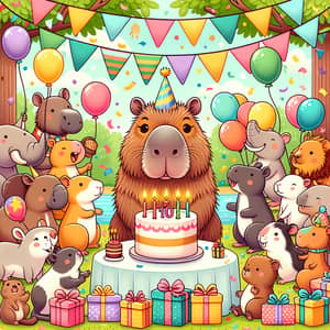 Colorful Cartoon Birthday Celebration with Capybara and Friends