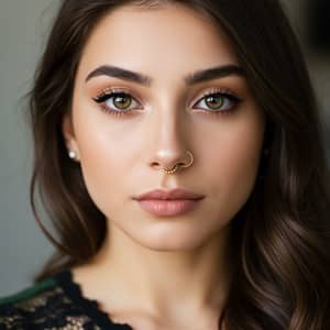 Beautiful Young Woman with Hazel Eyes and Gold Nose Ring