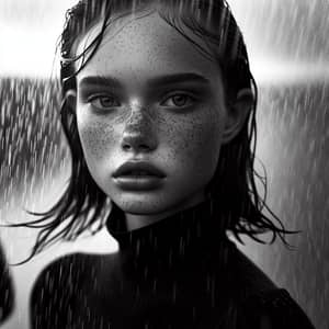 Emotional Black and White Portrait of Young Freckled Woman in Rainfall