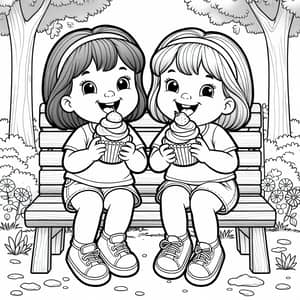 Coloring Page: Twin Girls Eating Cupcakes in the Park