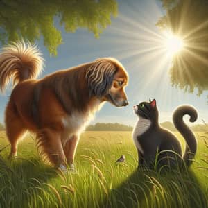 Adorable Dog and Cat Friendship in the Sunlit Field