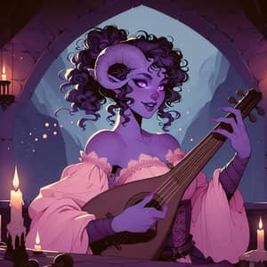 Charming Tiefling Rogue Strumming Lute in Fantasy Tavern