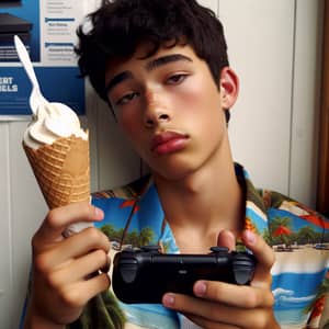 Mixed Heritage Teen Enjoying Battle-Royale Game with Ice Cream