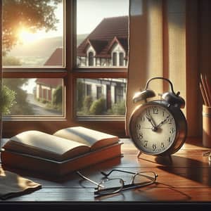 Classic Analog Alarm Clock on Oak Wood Table | Morning Scene