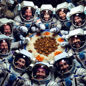 Multicultural Astronauts Enjoying Uzbek Plov in Space Station