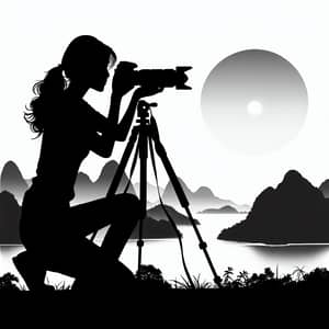 Asian Female Photographer Setting Up Camera for Distant View