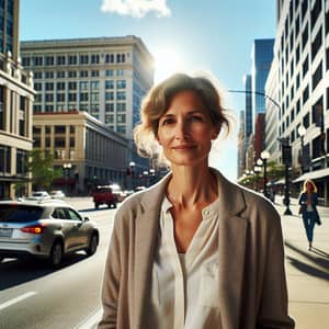 Middle-Aged Woman Walking Urban Street - Engaging Urban Scene