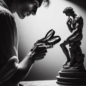 Black and White Image: Person Examining Sculpture