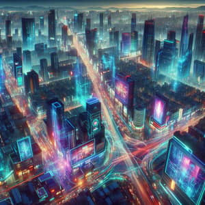 Futuristic Cityscape with Vibrant Neon Lights at Night