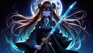 Anime Girl with Bronze Hair in Luminous Cyan Coat & Katana