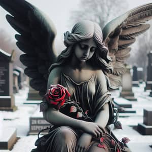 Female Angel Statue with Graphite Wings in Snowy Cemetery