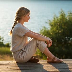 Stylish Young Woman in Casual Light Outfit